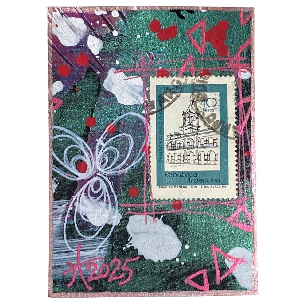 ACEO Original Art Acrylic Collage Mixed Media 1977 Argentina Postage Stamp ATC